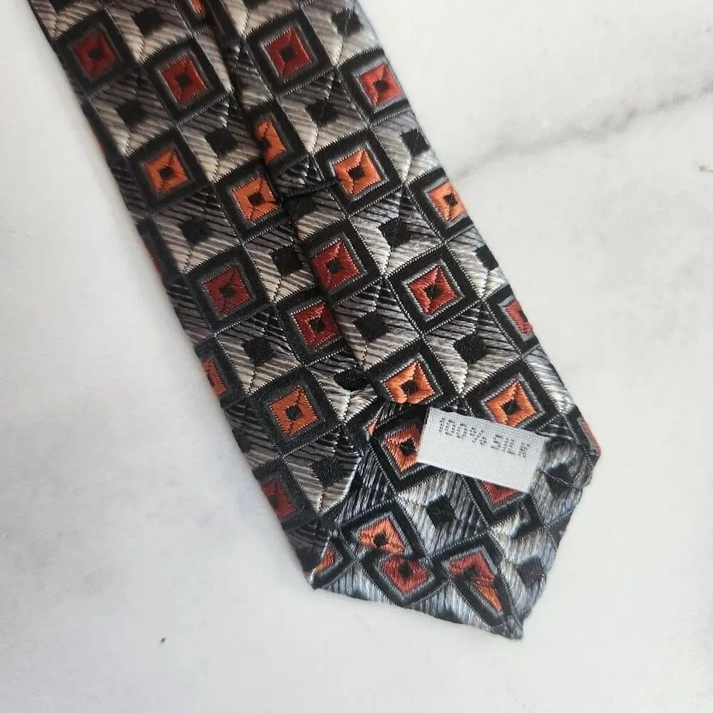 Burma Bibas 100% silk retro 90s tie geometric cube cell square black grey red si
